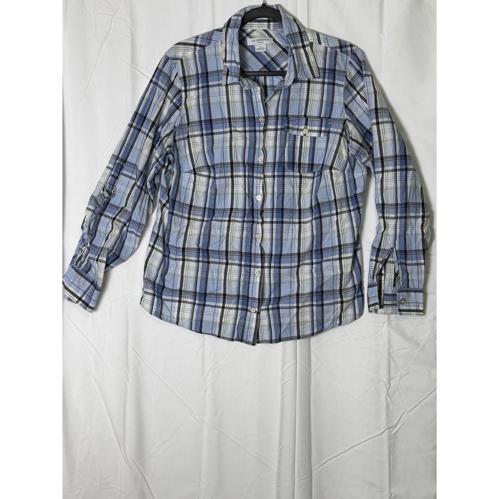 Liz Claiborne Womens 1X Blue Plaid Button Down Shirt 100% Cotton Roll Tab Sleeve